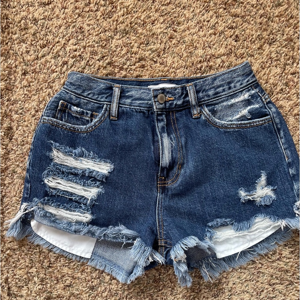 KanCan Dark Blue Distressed High-Rise Denim Shorts